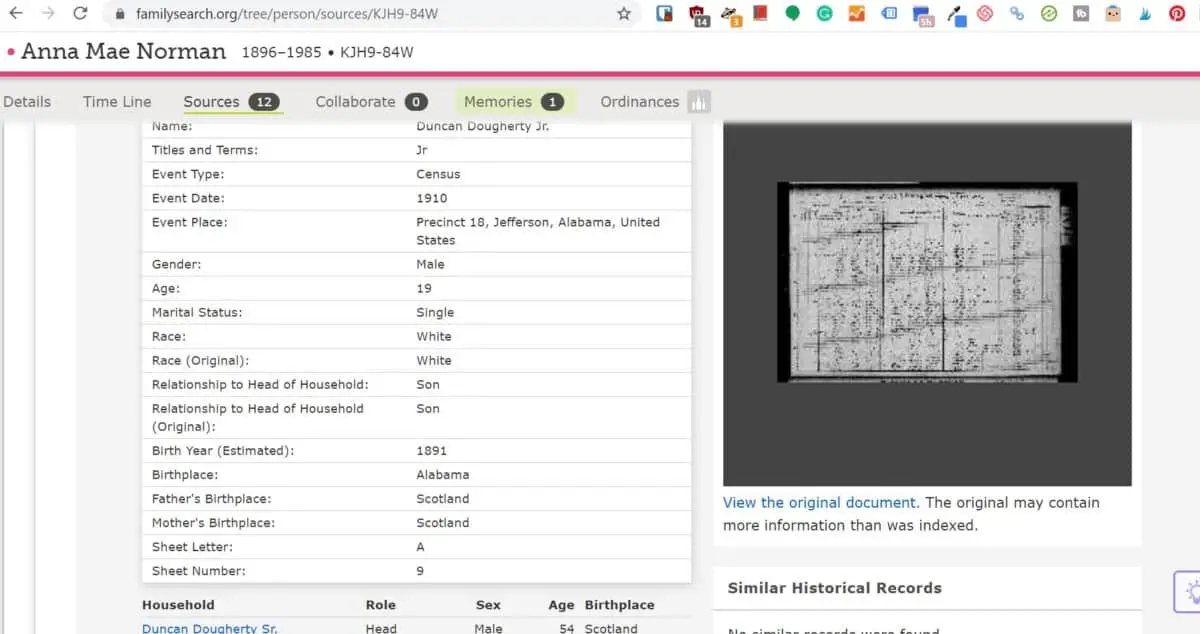 An image of a screenshot looking at part of the 1910 Census via FamilySearch.org's system.