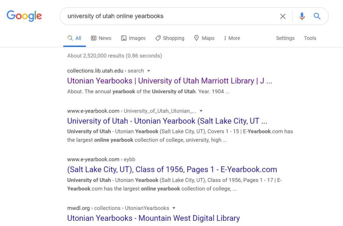 An image of a screenshot of the Google search searching "University of Utah online yearbooks".