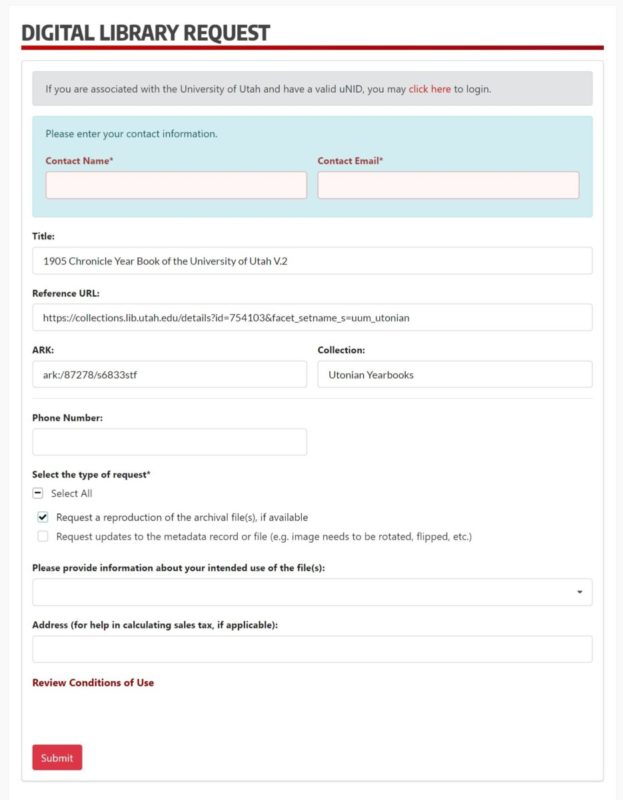 An image of a digital library request on a university's database.