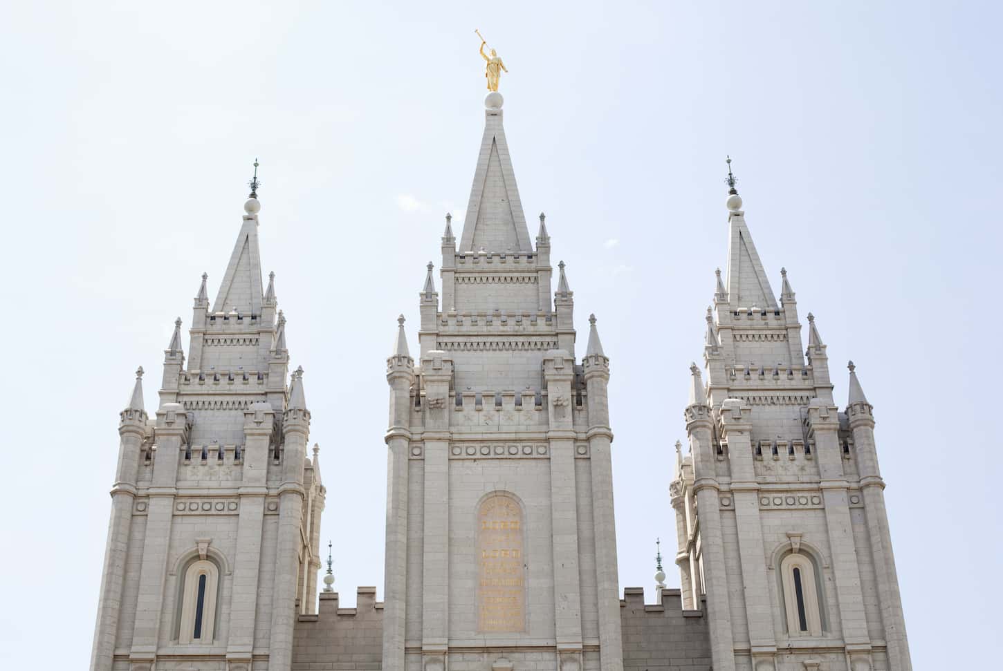 An image of Low angle view of Mormon temple spires, Salt Lake City, Utah, USA.